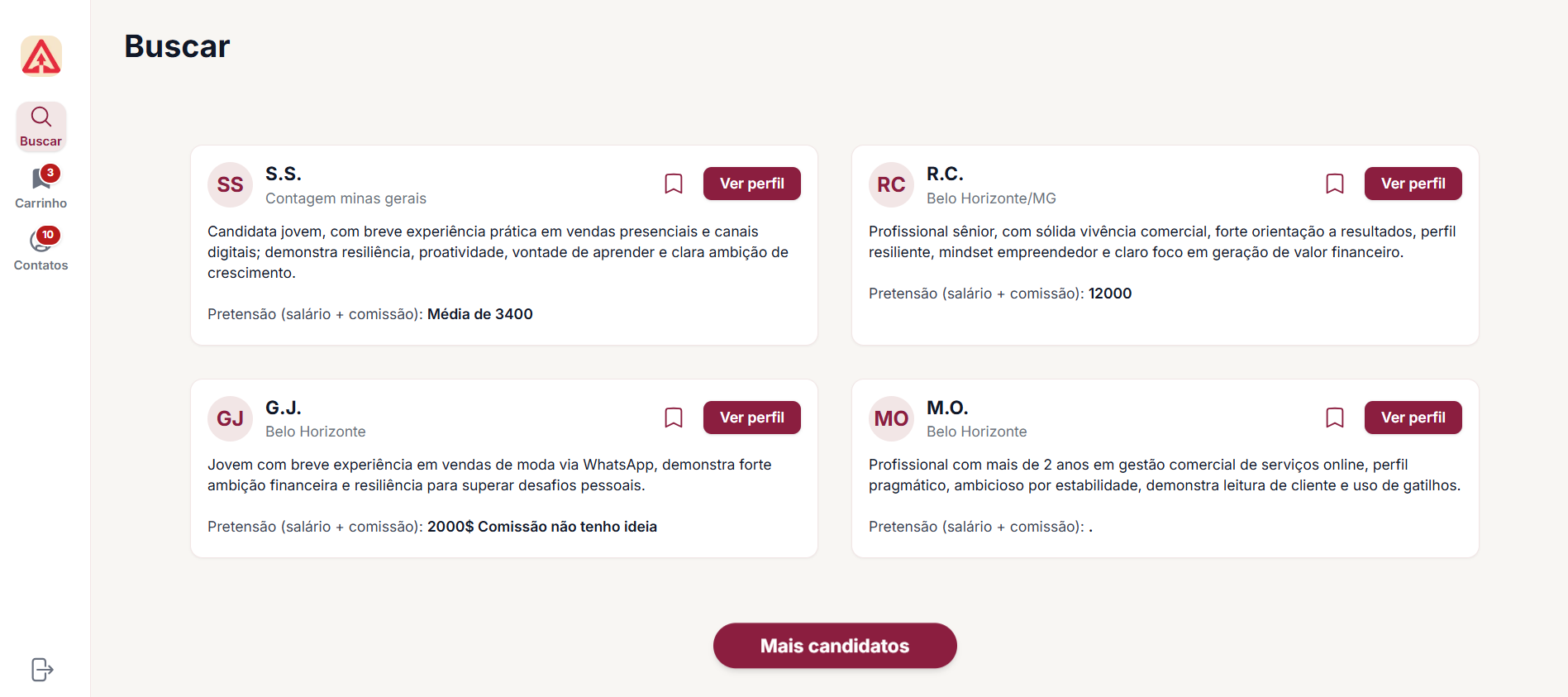Mestrares platform showing candidate cards